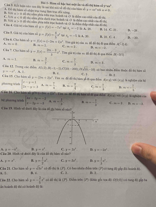 Bài 1- Hàm số bậc hai một ẫn và đồ thị hàm số y=ax^2
Câu 3. Kết luận nào sau đây là sai khi nói về đồ thị của hàm số y=ax^2 với a!= 0.
A. Đồ thị hàm số nhận trục tung làm trục đối xứng.
B. Với a>0 đồ thị nằm phía trên trục hoành và O là điểm cao nhất của đồ thị.
C. Với a<0</tex> đồ thị nằm phía dưới trục hoành và O là điểm cao nhất của đồ thị
D. Với a>0 đồ thị nằm phía trên trục hoành và O là điểm thấp nhất của đồ thị.
Câu 4. Giá trị của hàm số y=f(x)=-7x^2 tại x_o=-2 là: A. 28 . B. 14 . C. 21 . D. -28 .
Câu 5. Giá trị của hàm số y=f(x)= 4/5 x^2 tại x_0=-5 là A. 20 . B. 10 . C. 4 . D.-20.
Câu 6. Cho hàm số
A. m=0. y=f(x)=(-2m+1)x^2. Tìm giá trị của m đề đồ thị đi qua điểm A(-2;4).
B. m=1. C. m=2. D. m=-2.
Câu 7. Cho hàm số y=f(x)= (2m-3)/3 x^2. Tìm giá trị của m đề đồ thị đi qua điểm B(-3;5)
A. m=1. B. m= 3/7 . C. m= 7/3 . D. m=3.
Câu 12. Trong các điểm A(1;2);B(-1;-1);C(10;-200);D(sqrt(10);-10) có bao nhiêu điểm thuộc đồ thị hàm số
y=-x^2. A. 1 . B. 4 . C. 3 . D. 2 .
Câu 15. Cho hàm số y=(2m+2)x^2. Tìm m đề đồ thị hàm số đi qua điểm A(x,y) với (x,y) là nghiệm của hệ
phương trình beginarrayl x-y=1 2x-y=3endarray. A. m= 7/4 . B. m= r/4 . C. m= 7/8 . D. m=- 7/8 .
Câu 16. Cho hàm số y=(-3m+1)x^2. Tim m đề đồ thị hàm số đi qua điểm A(x,y) với (x,y) là nghiệm của
hệ phương trình beginarrayl 4x-3y=-2 x-2y=-3endarray. A. m= 1/3 . B. m=- 1/3 . C. m=3. D. m=-3.
Câu 19. Hình vẽ dưới đây là của đồ thị hàm số nào?
A. y=-x^2. B. y=x^2. C. y=2x^2. D. y=-2x^2.
Câu 20, Hình vẽ dưới đây là của đồ thị hàm số nào?
A. y=x^2. B. y= 1/2 x^2. C. y=3x^2. D. y= 1/3 x^2.
Câu 21. Cho hàm số y=sqrt(3)x^2 có đồ thị là (P). Có bao nhiêu điểm trên (P)có tung độ gắp đôi hoành độ.
A. 5. B. 4 . C. 3 . D. 2 .
Câu 22. Cho hàm số y=- 2/5 x^2 có đồ thị là (P). Điểm trên (P) (khác gốc tọa độ O(0;0)) có tung độ gắp ba
lần hoành độ thì có hoành độ là: