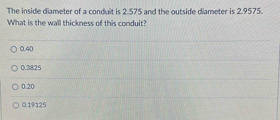 Solved: The inside diameter of a conduit is 2.575 and the outside ...