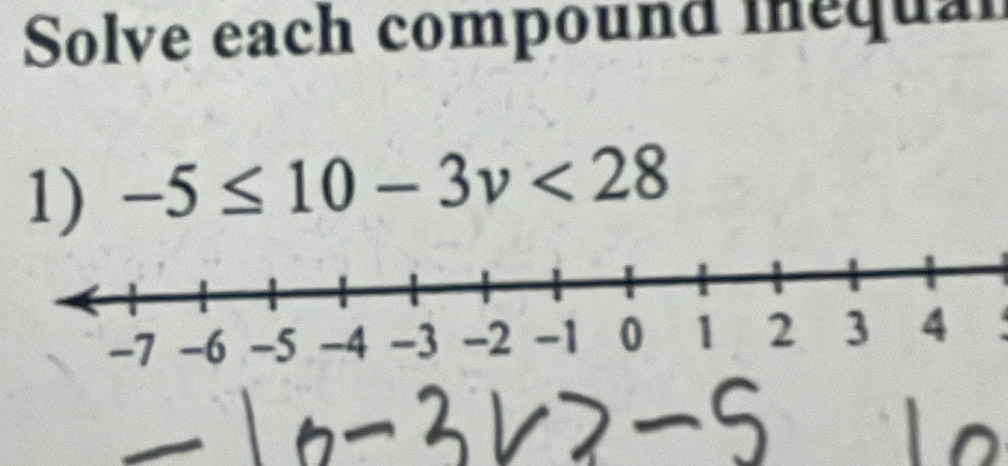 Solve each compound inequal 
1) -5≤ 10-3v<28</tex>