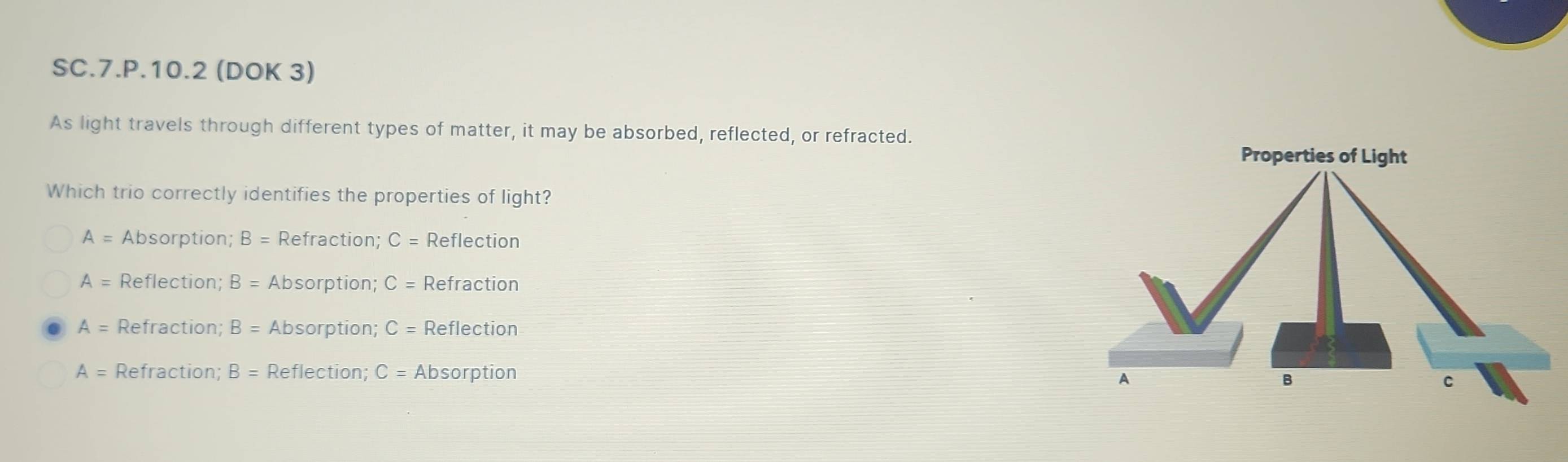 SC.7.P.10.2 (DOK 3)
As light travels through different types of matter, it may be absorbed, reflected, or refracted.
Which trio correctly identifies the properties of light?
A= Absorption; B= Refraction; C= Reflection
A= Reflection; B= Absorption; C= Refraction
A= Refraction; B= Absorption; C= Reflection
A= Refraction; B= Reflection; C=Ab sorption