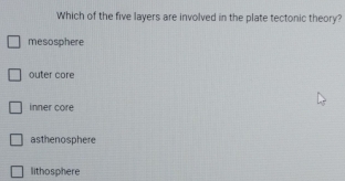 Which of the five layers are involved in the plate tectonic theory?
mesosphere
outer core
inner core
asthenosphere
lithosphere