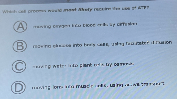 Solved: Which cell process would most likely require the use of ATP ...