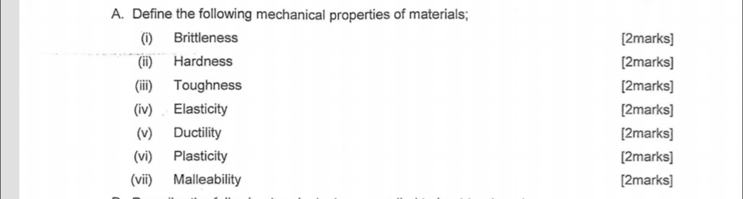 Define the following mechanical properties of materials; 
(i) Brittleness [2marks] 
(ii) Hardness [2marks] 
(iii) Toughness [2marks] 
(iv) Elasticity [2marks] 
(v) Ductility [2marks] 
(vi) Plasticity [2marks] 
(vii) Malleability [2marks]