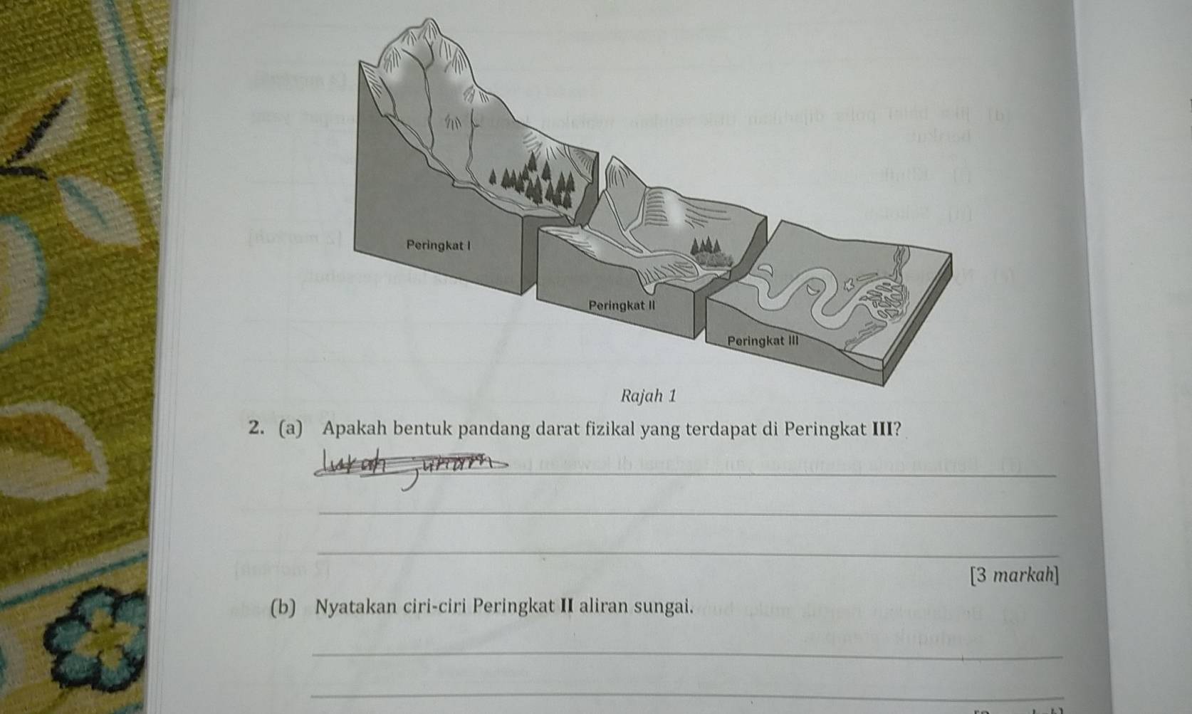 Apakah bentuk pandang darat fizikal yang terdapat di Peringkat III? 
_ 
_ 
_ 
[3 markah] 
(b) Nyatakan ciri-ciri Peringkat II aliran sungai. 
_ 
_