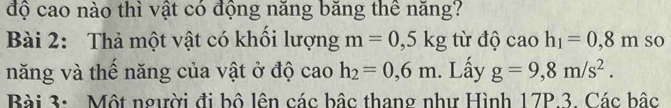 độ cao nào thì vật có động năng băng thê năng? 
Bài 2: Thả một vật có khối lượng m=0,5kg từ độ cao h_1=0,8m so 
năng và thế năng của vật ở độ cao h_2=0,6m. Lấy g=9,8m/s^2. 
Bài 3: Một người đi bộ lên các bậc thang như Hình 17P.3. Các bậc