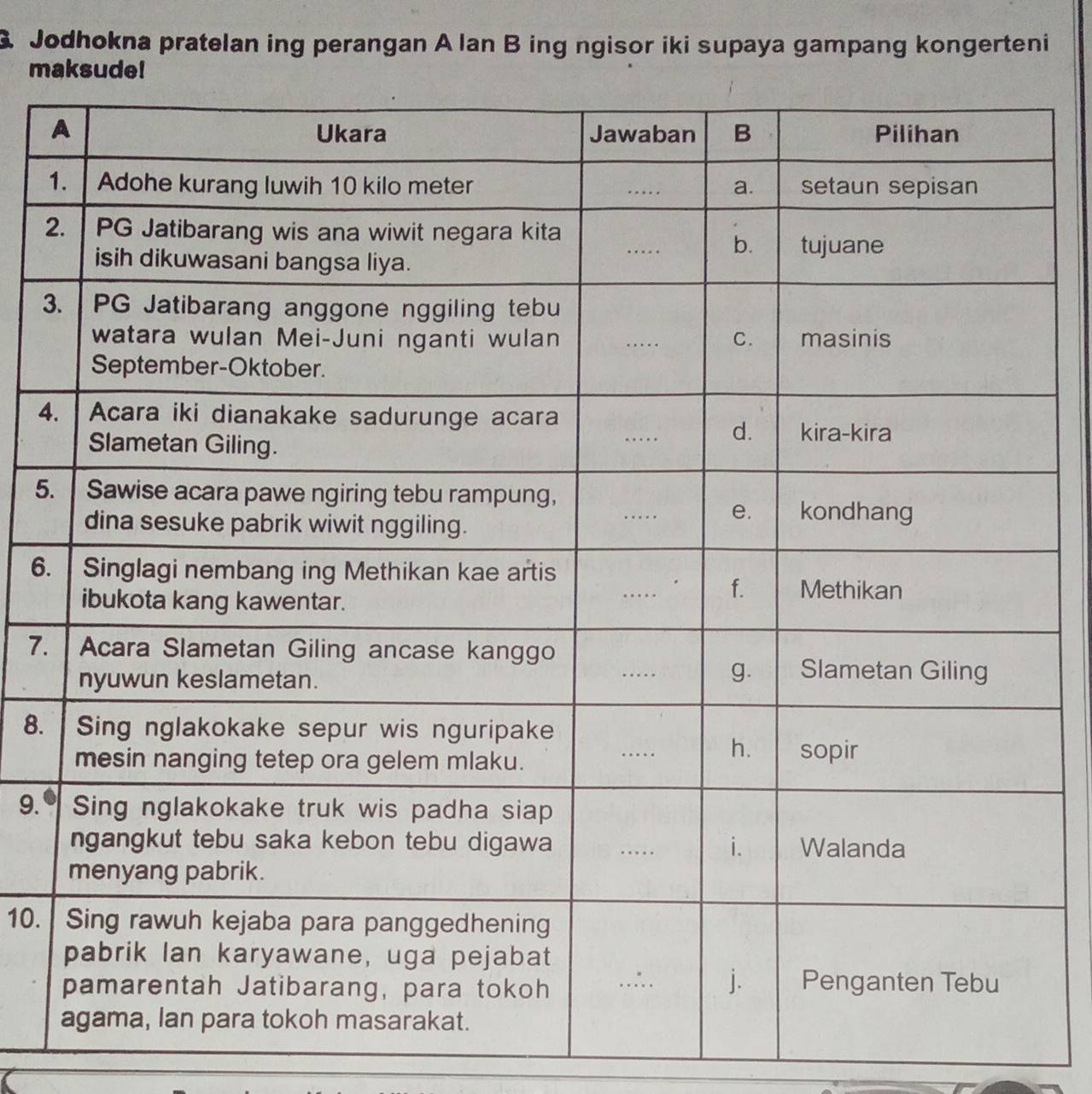 Jodhokna pratelan ing perangan A lan B ing ngisor iki supaya gampang kongerteni 
m 
1 
2 
3 
4 
5. 
6. 
7. 
8. 
9. 
10.