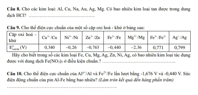 Cho các kim loại: Al, Cu, Na, Au, Ag, Mg. Có bao nhiêu kim loại tan được trong dung
djch HCl?_
Câu 9. Cho thế điện cực chuẩn của một số cặp oxi hoá - khử ở bảng sau:
Hãy cho biết trong số các kim loại Fe, Cu, Mg, Ag, Zn, Ni, Ag, có bao nhiêu kim loại tác dụng
được với dung dịch Fe(NO_3)_3 ở điều kiện chuẩn.?_
Câu 10. Cho thế điện cực chuẩn của Al^(3+)/Al và Fe^(2+)/F Te lần lượt bằng -1,676 V và -0,440 V. Sức
điện động chuẩn của pin Al-Fe bằng bao nhiêu? (Làm tròn kết quả đến hàng phần trăm)