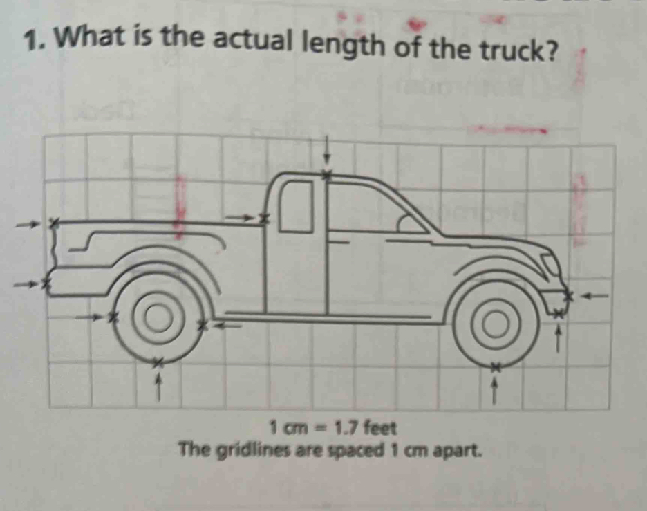 What is the actual length of the truck?
1cm=1.7feet
The gridlines are spaced 1 cm apart.