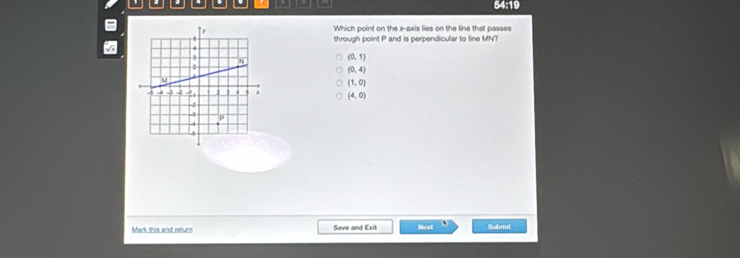 2 54:19
Which point on the x-axis lies on the line that passes
through point P and is perpendicular to line MN?
(0,1)
(0,4)
(1,0)
(4,0)
Mark this and return Save and Exit Next Submit