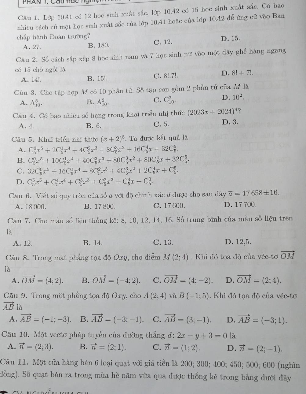 PHAN T. Cầu trac tg h
Câu 1. Lớp 10A1 có 12 học sinh xuất sắc, lớp 10A2 có 15 học sinh xuất sắc. Có bao
nhiêu cách cử một học sinh xuất sắc của lớp 10A1 hoặc của lớp 10A2 để ứng cử vào Ban
chấp hành Đoàn trường?
A. 27. B. 180. C. 12. D. 15.
Câu 2. Số cách sắp xếp 8 học sinh nam và 7 học sinh nữ vào một dãy ghế hàng ngang
có 15 chỗ ngồi là
A. 14!. B. 15!. C. 8!.7!.
D. 8!+7!.
Câu 3. Cho tập hợp M có 10 phần tử. Số tập con gồm 2 phần tử của M là
A. A_(10)^8. B. A_(10)^2.
C. C_(10)^2.
D. 10^2.
Câu 4. Có bao nhiêu số hạng trong khai triển nhị thức (2023x+2024)^4 ?
A. 4. B. 6. C. 5. D. 3.
Câu 5. Khai triển nhị thức (x+2)^5. Ta được kết quả là
A. C_5^(0x^5)+2C_5^(1x^4)+4C_5^(2x^3)+8C_5^(3x^2)+16C_5^(4x+32C_5^5.
B. C_5^0x^5)+10C_5^(1x^4)+40C_5^(2x^3)+80C_5^(3x^2)+80C_5^(4x+32C_5^5.
C. 32C_5^0x^5)+16C_5^(1x^4)+8C_5^(2x^3)+4C_5^(3x^2)+2C_5^(4x+C_5^5.
D. C_5^5x^5)+C_5^(4x^4)+C_5^(3x^3)+C_5^(2x^2)+C_5^(4x+C_5^0.
Câu 6. Viết số quy tròn của số a với độ chính xác d được cho sau đây overline a)=17658± 16.
A. 18 000. B. 17 800. C. 17 600. D. 17 700.
Câu 7. Cho mẫu số liệu thống kê: 8, 10, 12, 14, 16. Số trung bình của mẫu số liệu trên
là
A. 12. B. 14. C. 13. D. 12,5.
Câu 8. Trong mặt phẳng tọa độ Oxy, cho điểm M(2;4). Khi đó tọa độ của véc-tơ vector OM
là
A. vector OM=(4;2). B. vector OM=(-4;2). C. vector OM=(4;-2). D. vector OM=(2;4).
Câu 9. Trong mặt phẳng tọa độ Oxy, cho A(2;4) và B(-1;5). Khi đó tọa độ của véc-tơ
vector AB là
A. vector AB=(-1;-3). B. vector AB=(-3;-1). C. vector AB=(3;-1). D. vector AB=(-3;1).
Câu 10. Một vectơ pháp tuyến của đường thẳng d:2x-y+3=0 là
A. vector n=(2;3). B. vector n=(2;1). C. vector n=(1;2). D. vector n=(2;-1).
Câu 11. Một cửa hàng bán 6 loại quạt với giá tiền là 200; 300; 400; 450; 500; 600 (nghìn
(đồng). Số quạt bán ra trong mùa hè năm vừa qua được thống kê trong bảng dưới đây
ghnễn