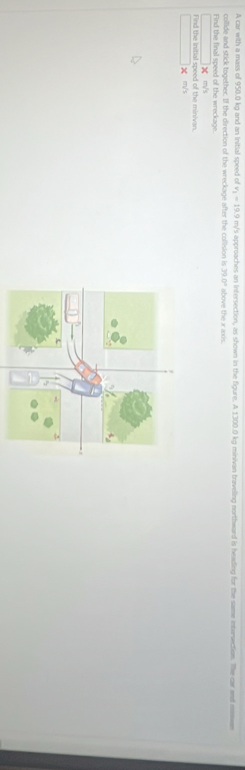 A car with a mass of 950.0 kg and an initial speed of v_1=19.9 m/s approaches an intersection, as shown in the figure. A 1300.0 kg minivan traveling northward is heading for the same intersection. The car and mnven 
collide and stick together. If the direction of the wreckage after the collision is 39.0° above the x axis. 
Find the final speed of the wreckage.
× m/s
Find the initial speed of the minivan.
X m/s