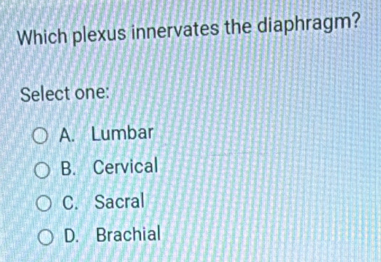 Which plexus innervates the diaphragm?
Select one:
A. Lumbar
B. Cervical
C. Sacral
D. Brachial