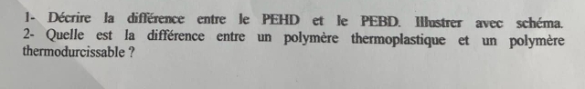 1- Décrire la différence entre le PEHD et le PEBD. Illustrer avec schéma. 
2- Quelle est la différence entre un polymère thermoplastique et un polymère 
thermodurcissable ?