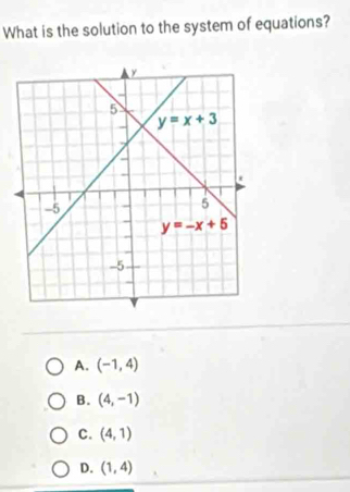 What is the solution to the system of equations?
A. (-1,4)
B. (4,-1)
C. (4,1)
D. (1,4)