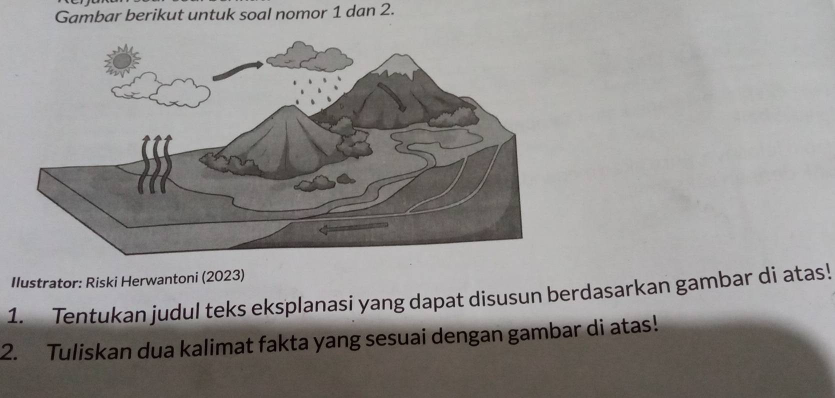 Gambar berikut untuk soal nomor 1 dan 2. 
Ilustrator: Riski Herwantoni (2023) 
1. Tentukan judul teks eksplanasi yang dapat disusun berdasarkan gambar di atas! 
2. Tuliskan dua kalimat fakta yang sesuai dengan gambar di atas!