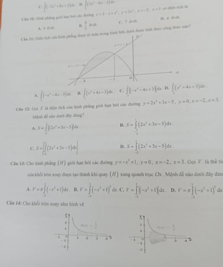 C ∈tlimits _0^(1(-2x^2)+kx+2)dx D. ∈tlimits _0^(4(2x^2)-8x-2)dx
Cần 10: Hình phẳng giới hạn bởi các đường y=2-x+x^2,y=2x^2,x=-2,x=1 có diện tích là
A. 9 dvdt. B.  9/2 dvdt. C. 7 dvdt D. 6 dvdt.
Ciu 11: Diện tích của hình phẳng được tổ màu trong hình bên dưới được tỉnh theo công thức nào?
A. ∈tlimits _0^(2(-x^2)-4x-3)dx. B. ∈tlimits _0^(1(x^2)+4x-3)dx. C. ∈tlimits _0^((-1)|(-x^3)-4x+3)|dx ∈tlimits _(-1)^(-1)(x^2+4x+3)dx.
Cầu 12: Gọi S là điện tích của hình phẳng giới hạn bởi các đường y=2x^2+3x-5,y=0,x=-2,x=3.
Mệnh đề não dưới đây đứng?
B.
A. S=∈tlimits _(-2)^1|(2x^2+3x-5)|dx. S=∈tlimits _- 5/2 ^1(2x^2+3x-5)dx.
C S=|∈tlimits _(-2)^1(2x^2+3x-5)dx|.
D. S=∈tlimits _(-2)^3(2x^2+3x-5)dx.
Clu 13: Cho hình phẳng (H) giới hạn bởi các đường y=-x^2+1,y=0,x=-2,x=3 Gọi V là thể tíc
của khối tròn xoay được tạo thành khi quay (H) xung quanh trục Ox . Mệnh đề nào dưới đây đún
A. V=π ∈tlimits _(-2)^3(-x^2+1)dx B. V=∈tlimits _(-2)^3(-x^2+1)^2 dx.C. V=∈tlimits _(-2)^3|(-x^2+1)|dx. D. V=π ∈tlimits _(-2)^1(-x^2+1)^2 ir
Câu 14: Cho khối tròn xoay như hình vẽ