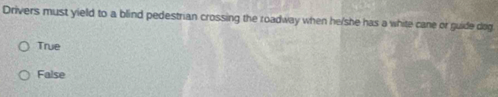 Drivers must yield to a blind pedestrian crossing the roadway when he/she has a white cane or guide dog
True
False