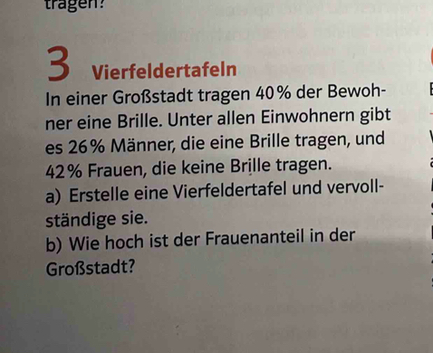 tragen? 
3 Vierfeldertafeln 
In einer Großstadt tragen 40% der Bewoh- 
ner eine Brille. Unter allen Einwohnern gibt 
es 26% Männer, die eine Brille tragen, und
42% Frauen, die keine Brille tragen. 
a) Erstelle eine Vierfeldertafel und vervoll- 
ständige sie. 
b) Wie hoch ist der Frauenanteil in der 
Großstadt?