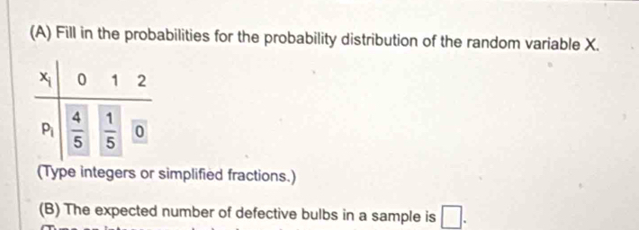 Fill in the probabilities for the probability distribution of the random variable X.
(Type integers or simplified fractions.)
(B) The expected number of defective bulbs in a sample is □ .