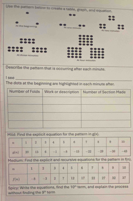 Use the pattern below to create a table, graph, and equation.
As the beginning At one minute Al two minutes
At three minutes
At four minutes
_
Describe the pattern that is occurring after each minute.
_
_
I see
The dots at the beginning are highlighted in each minute after.
Mild: Find the explicit equation for the pattern in g(x).
Medium: Find the explicit and recursive equations for the pattern in f(n).
Spicy: Write the equations, find the 10^(th) term, and explain the process
without finding the 9^(th) term