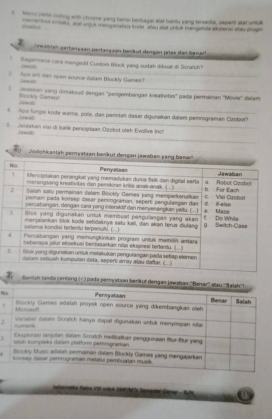 Menu pada coding with chrome yang berisi berbagai alat bantu yang tersedia, seperti alat untuk 
memenksa sintaks, alat untuk menganalisis kode, atau alat untuk mengelola ekstensi atau plugin 
disebul 
Jawablah pertanyaan-pertanyaan berikut dengan jelas dan benar! 
_ 
* Sagaimana cara mengedit Custom Block yang sudah dibuat di Scratch? 
Jawab 
2. Apa arti dan open source dalam Blockly Games? 
Jawab_ 
3. Jelaskan yang dimaksud dengan "pengembangan kreativitas" pada permainan "Movie" dalam 
Blockly Games! 
Jawab_ 
4. Apa fungsi kode warna, pola, dan perintah dasar digunakan dalam pemrograman Ozobot? 
Jawab:_ 
5. Jelaskan visi di balik penciptaan Ozobot oleh Evollve Inc! 
Jawab:_ 
D. Jodohkanlah pernyataan berikut dengan jawaban yang 
Berilah tanda centang (√) pada pernyataan berikut dengan ja 
N 
1 
2 
3 
4 
Informatika Keiss VIII untuk SMP 
31