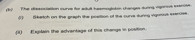The dissociation curve for adult haemoglobin changes during vigorous exercise. 
(i) Sketch on the graph the position of the curve during vigorous exercise. 
(ii) Explain the advantage of this change in position.
