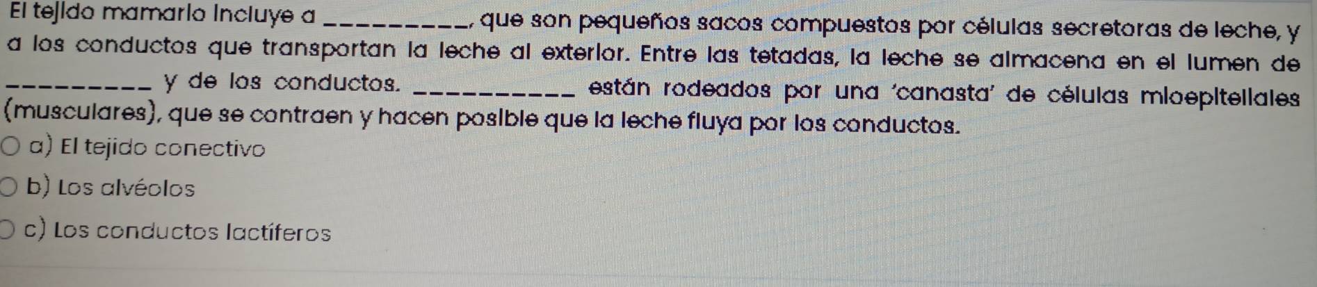 El tejldo mamarlo Incluye a _, que son pequeños saños compuestos por células secretoras de leche, y
a los conductos que transportan la leche al exterlor. Entre las tetadas, la leche se almacena en el lumen de
_y de los conductos. _están rodeados por una 'canasta' de células mloepitellales
(musculares), que se contraen y hacen posible que la leche fluya por los conductos.
a) El tejido conectivo
b) Los alvéolos
c) Los conductos lactíferos