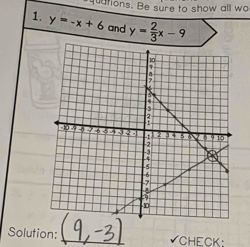 quations. Be sure to show all wo
1. y=-x+6 and y= 2/3 x-9
Solution:
_VCHECK: