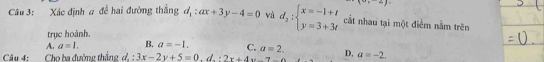 (0,-2). 
Câu 3: Xác định a đề hai đường thắng d_1:ax+3y-4=0 và d_2:beginarrayl x=-1+t y=3+3tendarray. cắt nhau tại một điểm nằm trên
trục hoành.
A. a=1. B. a=-1. C. a=2. 
Câu 4: Cho ba đường thắng d_1:3x-2y+5=0.d_2:2x+4y-7 D. a=-2.