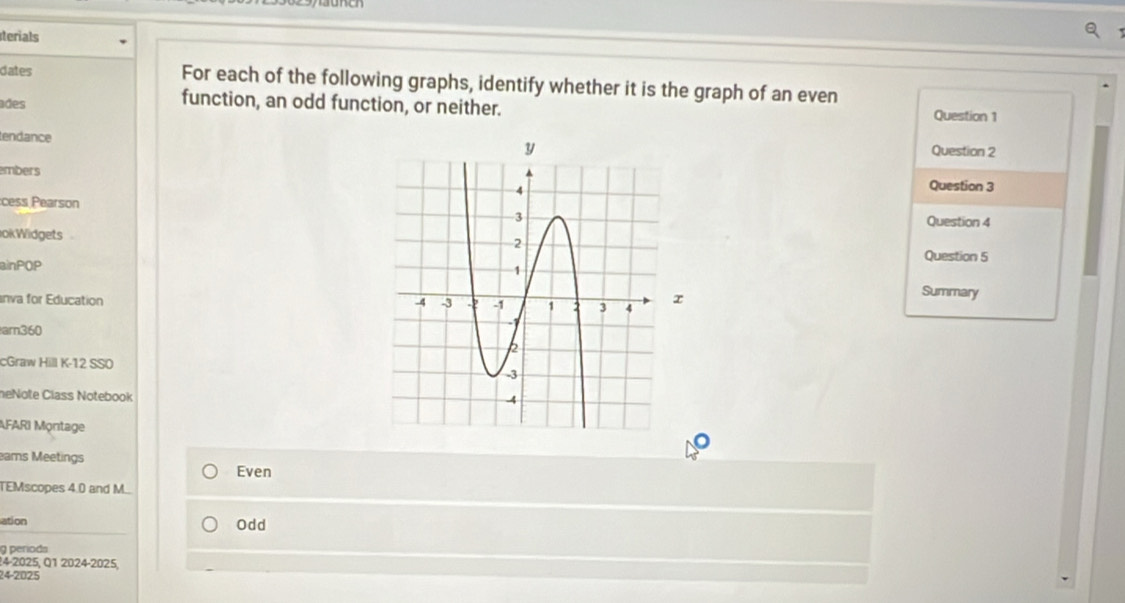 sterials
dates For each of the following graphs, identify whether it is the graph of an even
ades
function, an odd function, or neither. Question 1
tendance 
Question 2
embersQuestion 3
:cess Pearson
Question 4
okWidgets
ainPOPQuestion 5
anva for Education 
Summary
arn360
cGraw Hill K-12 SSO
heNole Class Notebook
AFARI Montage
eams Meetings
Even
TEMscopes 4.0 and M..
ation Odd
9 periods
4-2025, Q1 2024-2025,
24-2025