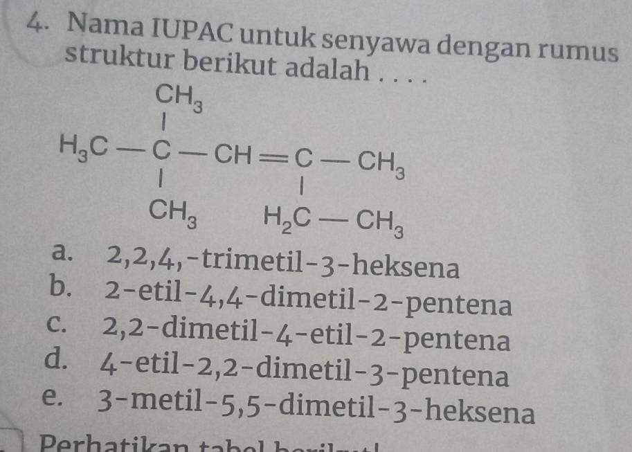 Nama IUPAC untuk senyawa dengan rumus
struktur berikut adalah . . . .
H_3C-C-CH=C-CH_3
a. 2, 2, 4,-trimetil- 3 -heksena
b. 2 -etil -4, 4 -dimetil -2 -pentena
c. 2, 2 -dimetil -4 -etil- 2 -pentena
d. 4 -etil -2, 2 -dimetil- 3 -pentena
e. 3 -metil -5, 5 -dimetil- 3 -heksena