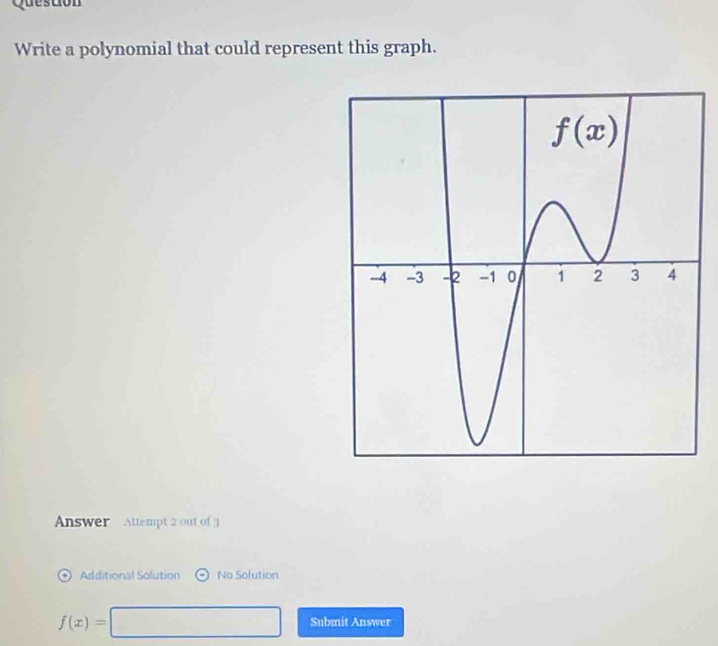 Questión
Write a polynomial that could represent this graph.
Answer  Attempt 2 out of 3
Additional Solution No Solution
f(x)=□ Submit Answer