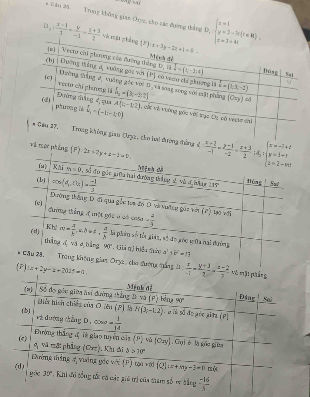 Sung/sai
* Câu 26. Trong không gian Oxyz, cho các đường thắng D_1:beginarrayl x=1 y=2-3t(t∈ R), z=3+4tendarray.
D_2: (x-1)/3 = y/-3 = (z+3)/2 
thẳng đ : 
và mặt phẳng (P):
: x/-1 = (y+3)/2 = (z-2)/3 
(P):x+2y-z+2025=0.