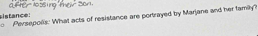 sistance: 
○ Persepolis: What acts of resistance are portrayed by Marjane and her family?
