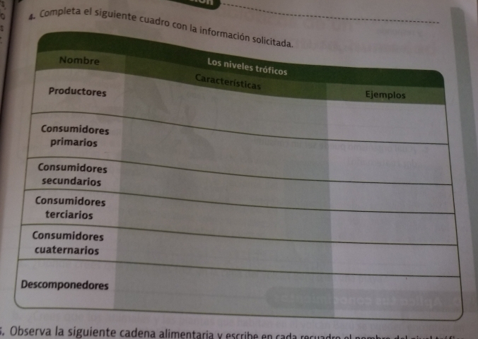 a 
4. Completa el siguiente cuadro 
s. Observa la síguiente cadena alimentaria y escribe en o