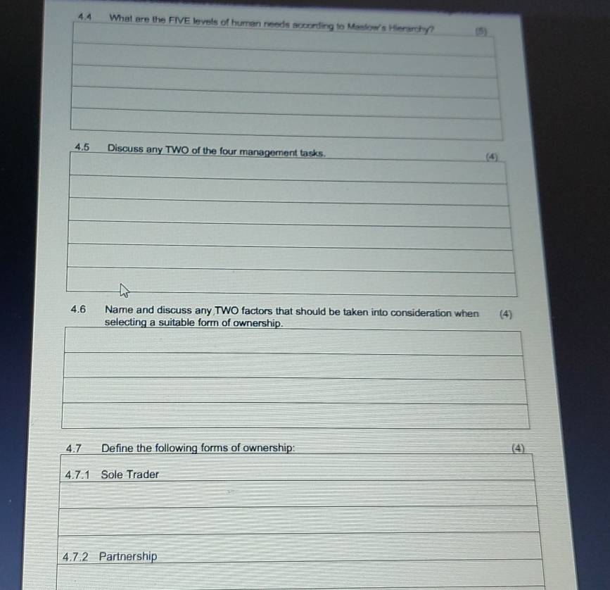 4.4 What are the FIVE levels of human needs according to Maslow's Hierarchy? (5)
4.6 Name and discuss any TWO factors that should be taken into consideration when (4)