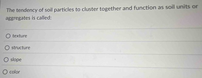 The tendency of soil particles to cluster together and function as soil units or
aggregates is called:
texture
structure
slope
color