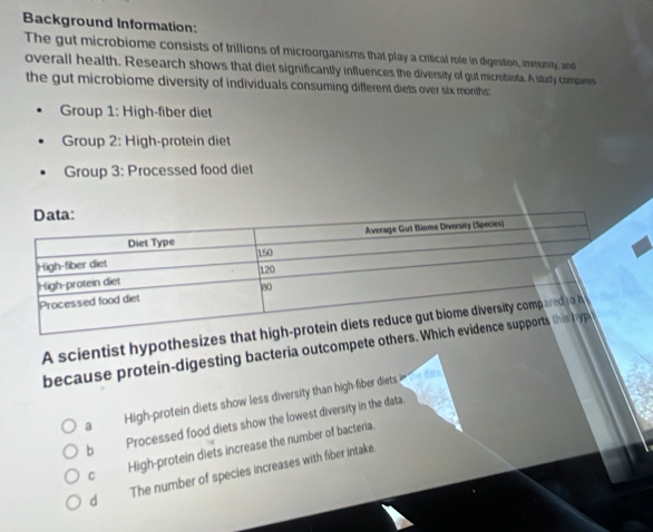 Background Information:
The gut microbiome consists of trillions of microorganisms that play a critical role in digestion, immunity, and
overall health. Research shows that diet significantly influences the diversity of gut microbiota. A study compares
the gut microbiome diversity of individuals consuming different diets over six months:
Group 1: High-fiber diet
Group 2: High-protein diet
Group 3: Processed food diet
A scientist hypothesizes th
because protein-digesting bacteria outcompete others
a High-protein diets show less diversity than high-fiber diets i e data
b Processed food diets show the lowest diversity in the data.
C High-protein diets increase the number of bacteria.
d The number of species increases with fiber intake.