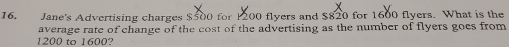 Jane's Advertising charges $500 for 1200 flyers and $820 for 1600 flyers. What is the 
average rate of change of the cost of the advertising as the number of flyers goes from
1200 to 1600?