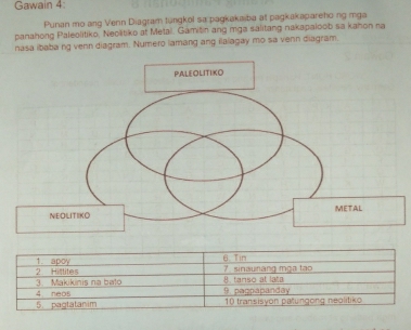 Gawain 4 
Punan mo ang Venn Diagram tungkol sa pagkakaiba at pagkakaparehong mga 
panahong Paleolitiko. Neolitiko at Metali. Gamitin ang mga salitang nakapaloob sa kahon ra 
nasa ibaba ng venn diagram. Numero lamang ang ilalagay mo sa venn diagram. 
1. apoy 6. Tin 7 sinaunang mga tạo 
3 Makikinis na bato 2 Hittites 
8 tanso at lata 
4 neas 9. pappapanday 
5 pagtatanim 10 transisyon patungong neolitiko