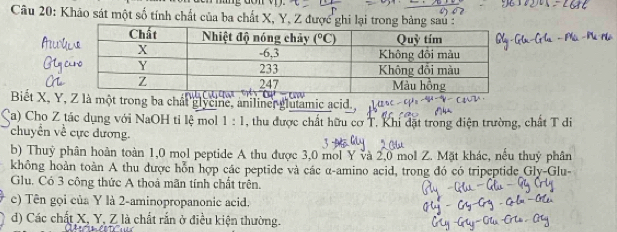 Khảo sát một số tính chất của ba chất X, Y, Z được ghi lại trong b
Biết X, Y, Z là một trong ba chất glycine, aniliner glutamic acid.
(a) Cho Z tác dụng với NaOH tỉ lệ mol 1:1 , thu được chất hữu cơ T. Khi đặt trong điện trường, chất T di
chuyển về cực dương.
b) Thuỷ phân hoàn toàn 1,0 mol peptide A thu được 3,0 mol Y và 2,0 mol Z. Mặt khác, nếu thuỷ phân
không hoàn toàn A thu được hỗn hợp các peptide và các α-amino acid, trong đó có tripeptide Gly-Glu-
Glu. Có 3 công thức A thoả mãn tính chất trên.
c) Tên gọi của Y là 2-aminopropanonic acid.
d) Các chất X, Y, Z là chất rắn ở điều kiện thường.