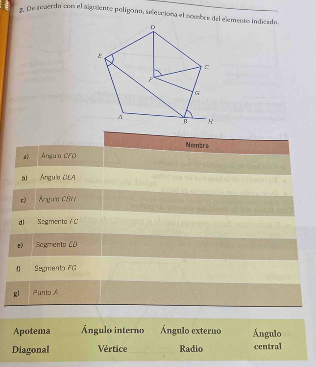 De acuerdo con el siguiente polígono, selecciona el nombre del elemento indicado.
Apotema Ángulo interno Ángulo externo Ángulo
Diagonal Vértice Radio central