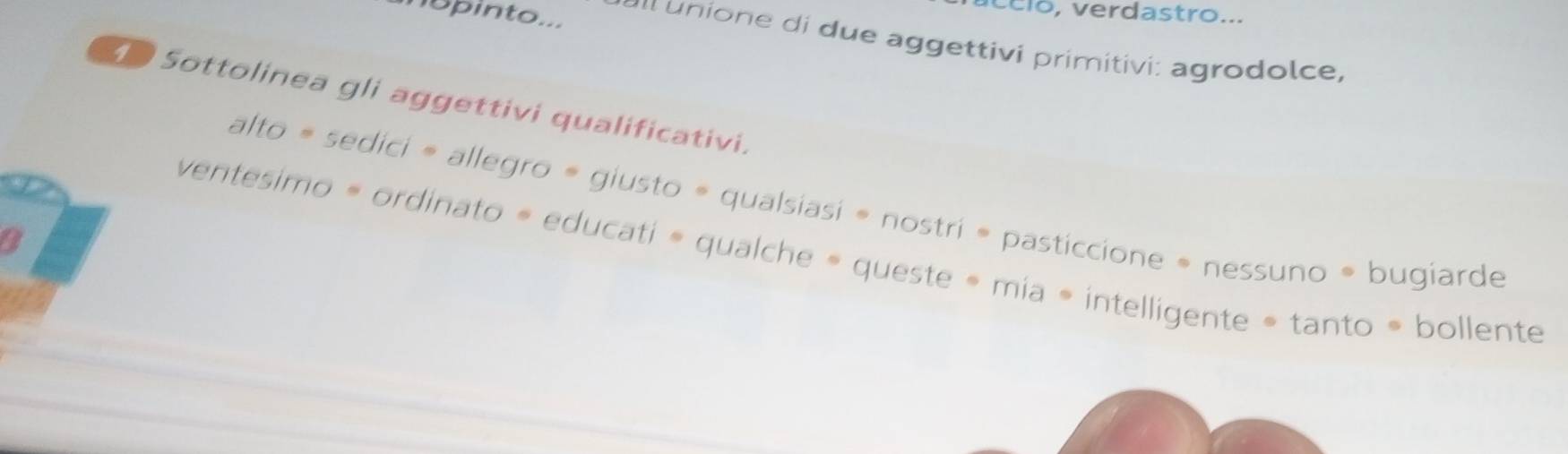 nopinto... 
c e lo , erdastro... 
* i ggetti i prim itivi : a grodo lce, 
Sottolinea gli aggettivi qualificativi. 
alto = sedici = allegro = giusto = qualsiasi = nostri = pasticcione = nessuno = bugiarde 
9 
ventesimo = ordinato « educati » qualche « queste » mia * intelligente = tanto = bollente