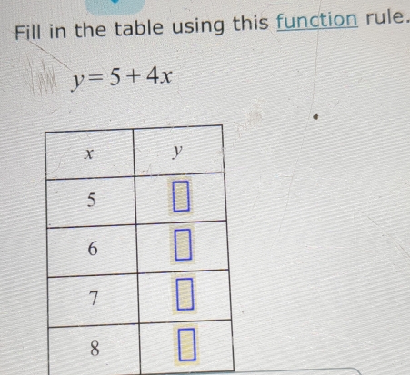 Fill in the table using this function rule.
y=5+4x