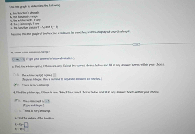 Use the graph to determine the following
a. the function's domain
b. the function's range
c. the x-intercepts, if any
d, the y-intercept, if any
e. the function values f(-5) and f(-1)
Assume that the graph of the function continues its trend beyond the displayed coordinate grid.
b.ra is ine luncoon's hange
(-∈fty ,-1] (Type your answer in interval notation.)
c. Find the x-intercept(s), if there are any. Select the correct choice below and fill in any answer boxes within your choice.
The x -interçept(s) is(are)
(Type an integer. Use a comma to separate answers as needed )
B. There is no x-intercept.
d. Find the y-intercept, if there is one. Select the correct choice below and fill in any answer boxes within your choice
A. The y-intercept is - 5
(Type an integer )
(). There is no y-intercept.
e. Find the values of the function
f(-5)=□
f(-1)=□
