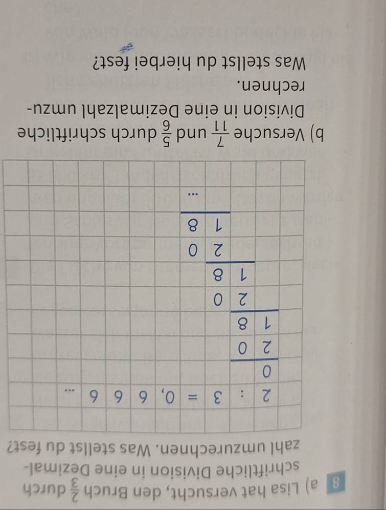 Lisa hat versucht, den Bruch  2/3  durch 
schriftliche Division in eine Dezimal- 
zahl umzurechnen. Was stellst du fest?
2:3=0,666...
beginarrayr  7/2 -frac x  5/2 - □ /2   1/2 - □ /2   □ /2 -beginarrayr □ endvmatrix
b) Versuche  7/11  und  5/6  durch schriftliche 
Division in eine Dezimalzahl umzu- 
rechnen. 
Was stellst du hierbei fest?