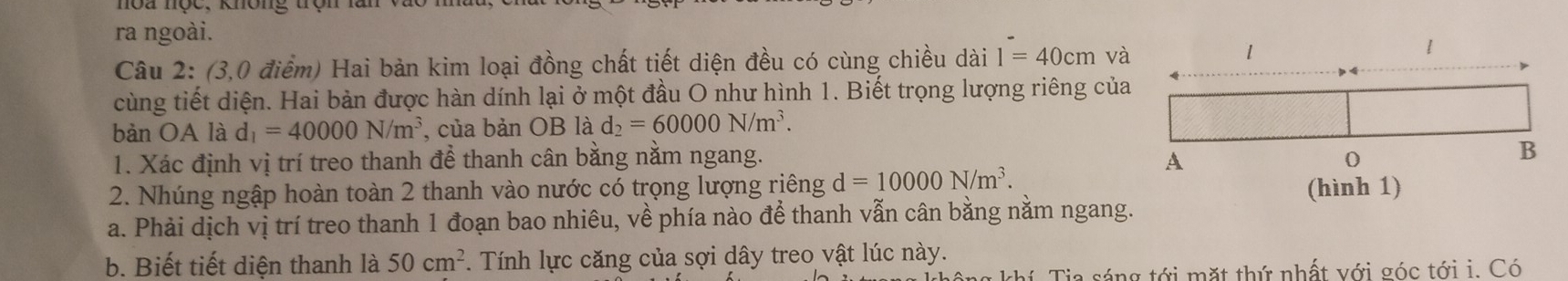 nòa nộc, không trộn làn 
ra ngoài. 
Câu 2: (3,0 điểm) Hai bản kim loại đồng chất tiết diện đều có cùng chiều dài 1=40cm và 
cùng tiết diện. Hai bản được hàn dính lại ở một đầu O như hình 1. Biết trọng lượng riêng của 
bản OA là d_1=40000N/m^3 , của bản OB là d_2=60000N/m^3. 
1. Xác định vị trí treo thanh để thanh cân bằng nằm ngang. 
2. Nhúng ngập hoàn toàn 2 thanh vào nước có trọng lượng riêng d=10000N/m^3. 
a. Phải dịch vị trí treo thanh 1 đoạn bao nhiêu, về phía nào để thanh vẫn cân bằng nằm ngang. 
b. Biết tiết diện thanh là 50cm^2. Tính lực căng của sợi dây treo vật lúc này. 
hí Tia sáng tới mặt thứ nhất với góc tới i. Có