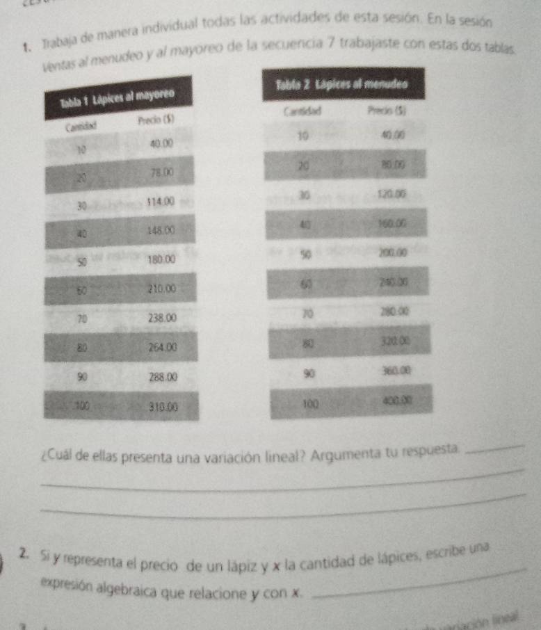 Trabaja de manera individual todas las actividades de esta sesión. En la sesión 
l menudeo y al mayoreo de la secuericía 7 trabajaste con estas dos tablas. 






_ 
_ 
¿Cuál de ellas presenta una variación lineal? Argumenta tu respuesta 
_ 
_ 
2. 5i y representa el precio de un lápiz y x la cantidad de lápices, escribe una 
expresión algebraica que relacione y con x. 
l varación lineal