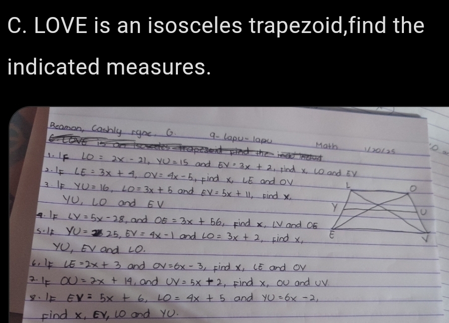 LOVE is an isosceles trapezoid,find the 
indicated measures.