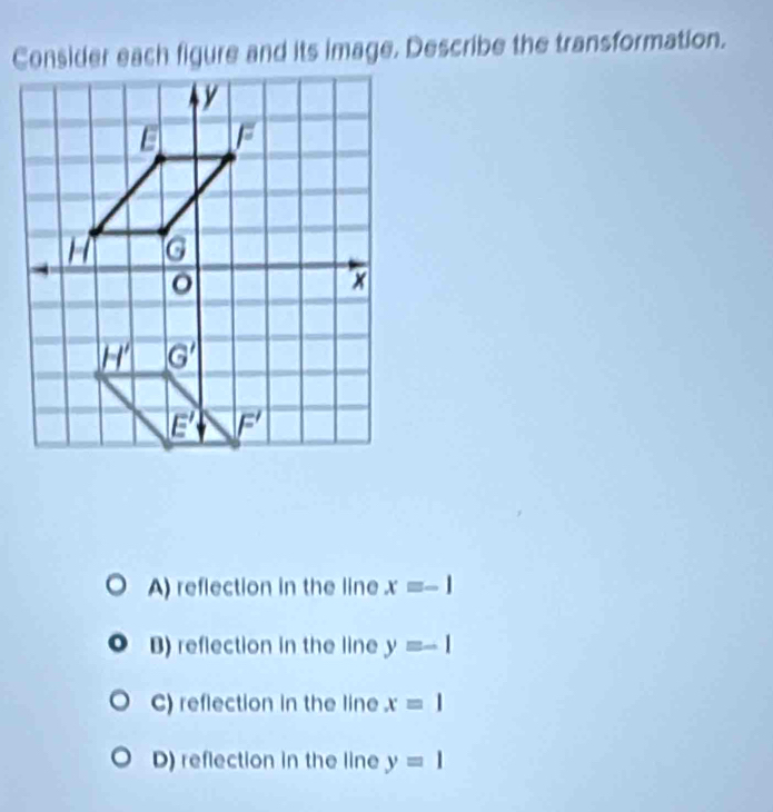 Consider each figure and its image. Describe the transformation.
A) reflection in the line x=-1
B) reflection in the line y=-1
C) reflection in the line x=1
D) reflection in the line y=1